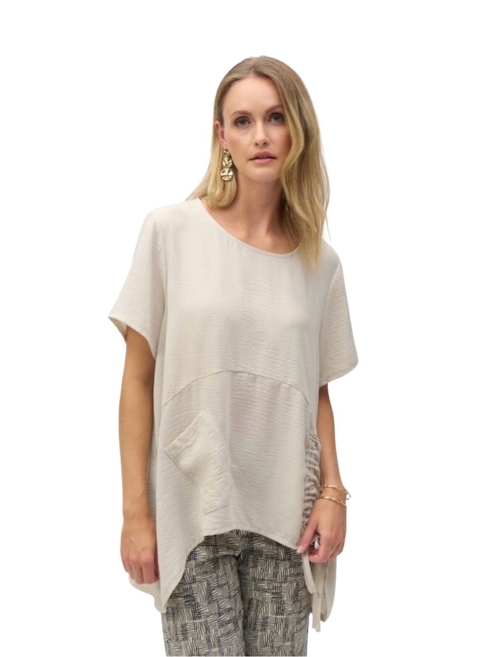 Joseph Ribkoff Asymmetrical Ruched Tunic Top Size 10 Beige High Low